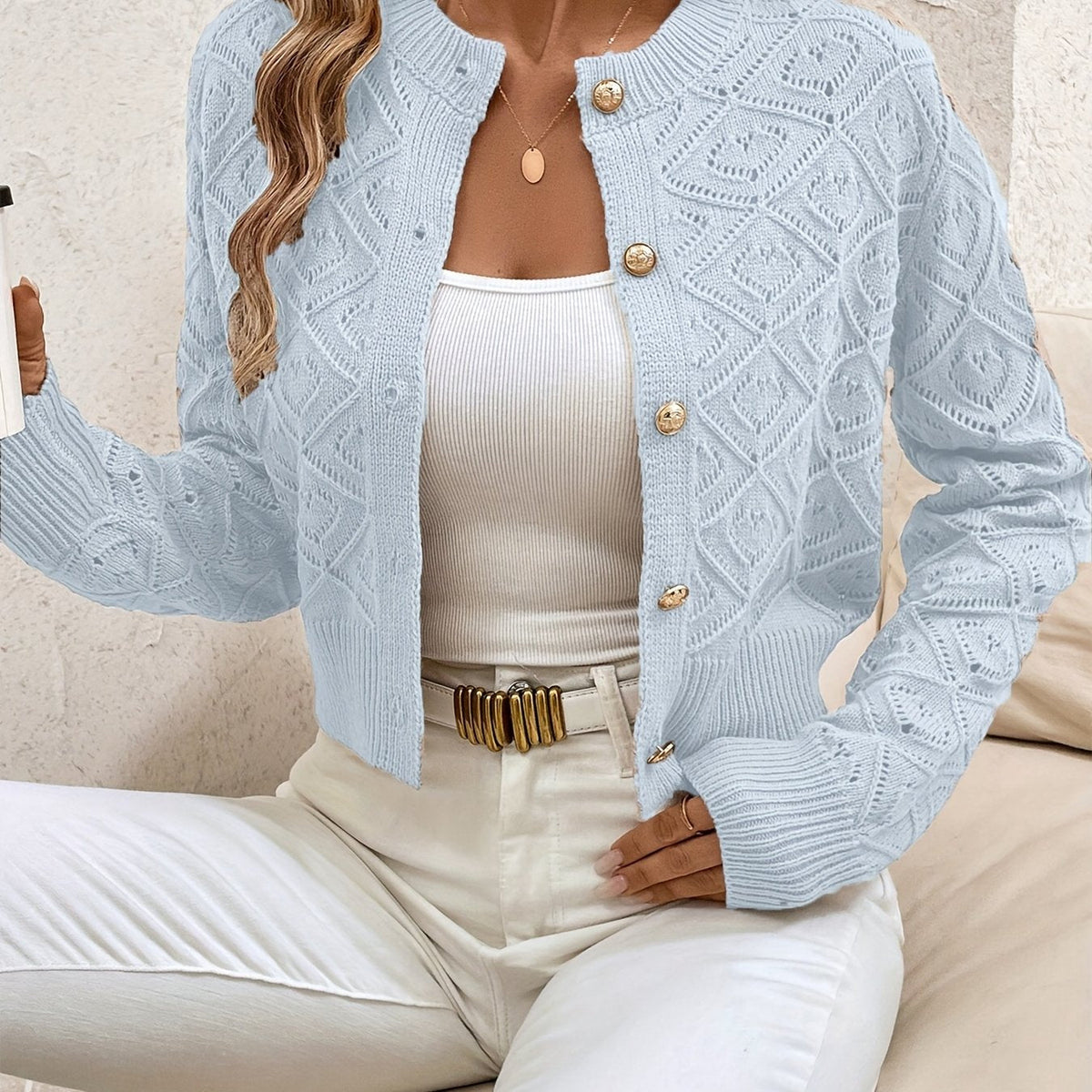 Camille | Gilet en maille à losanges et boutons — Amielle Paris