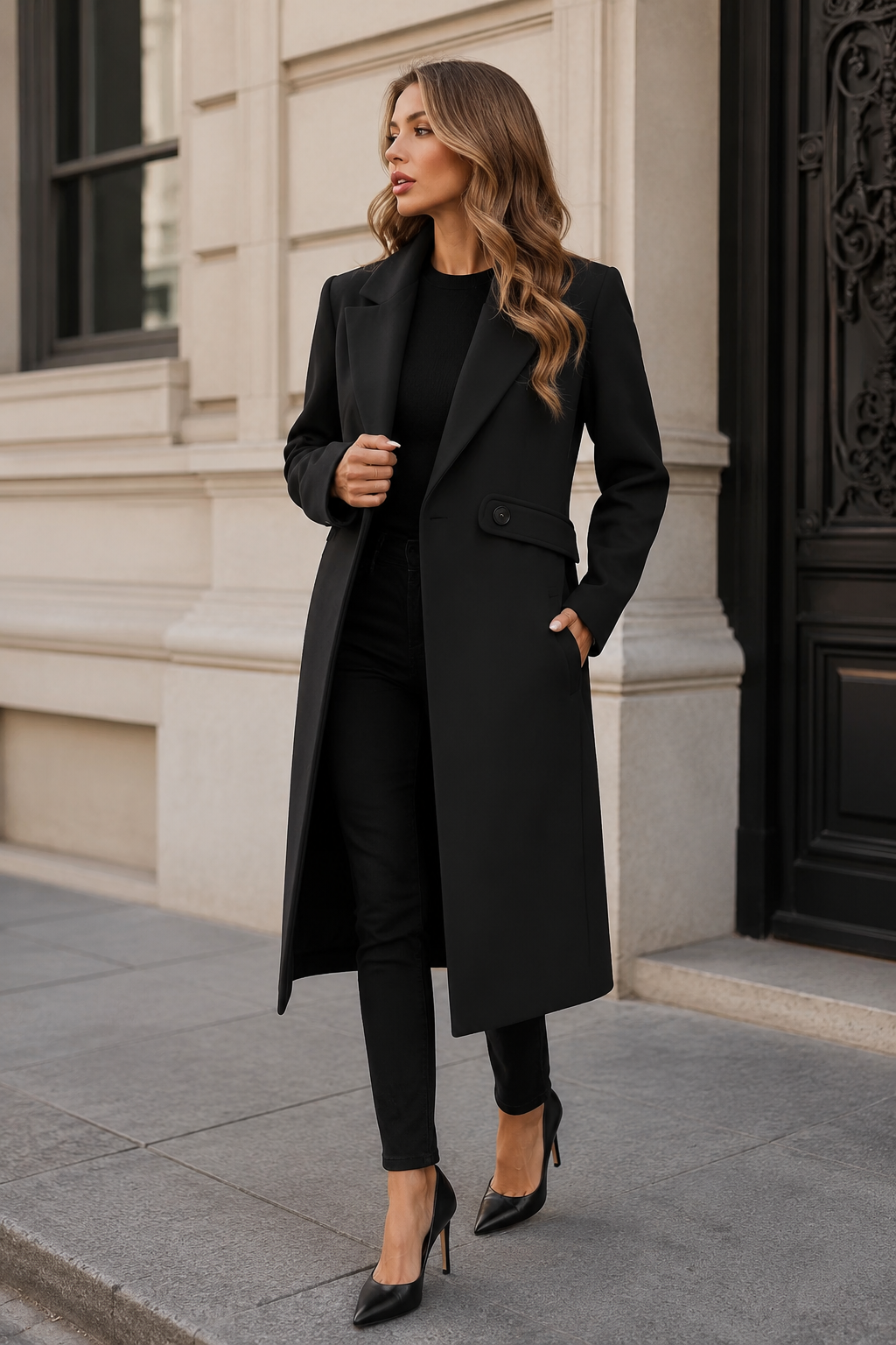 Avalyn — Manteau long cintré à col cranté — Amielle Paris