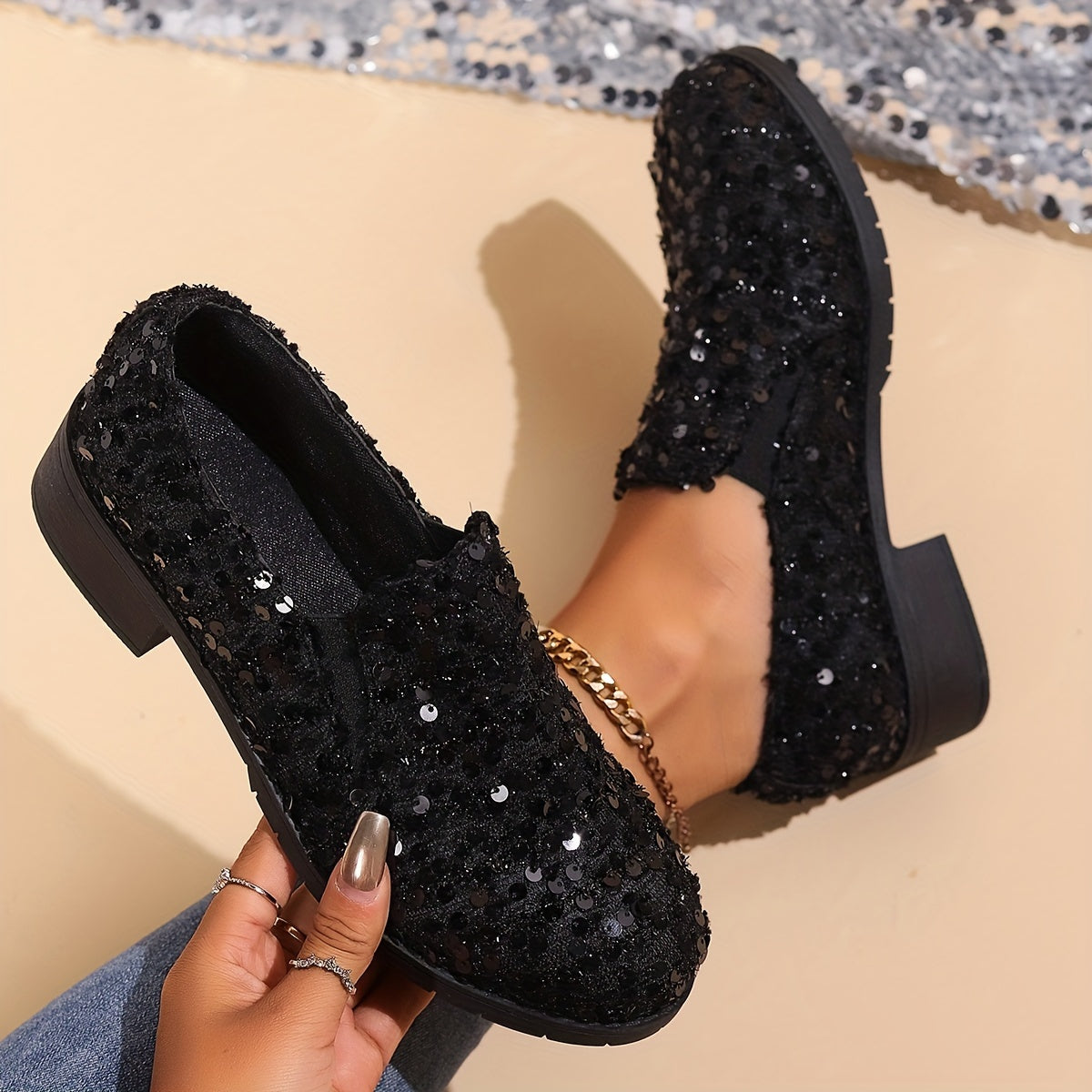 Odette | Mocassins à sequins et talon bloc — Amielle Paris