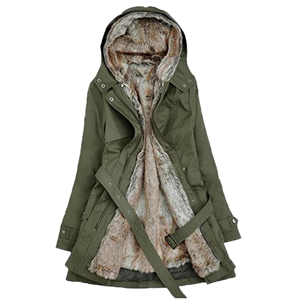Manteau zippé à capuche bordée de fausse fourrure — Amielle Paris