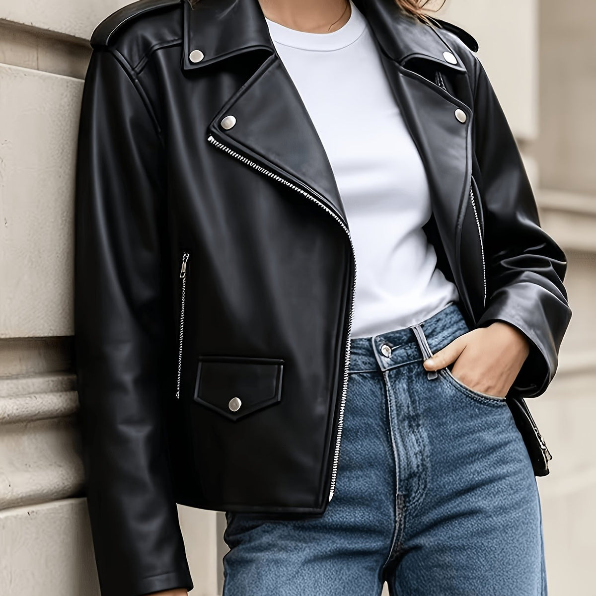 Veste de motard à zip asymétrique et détails côtelés — Amielle Paris