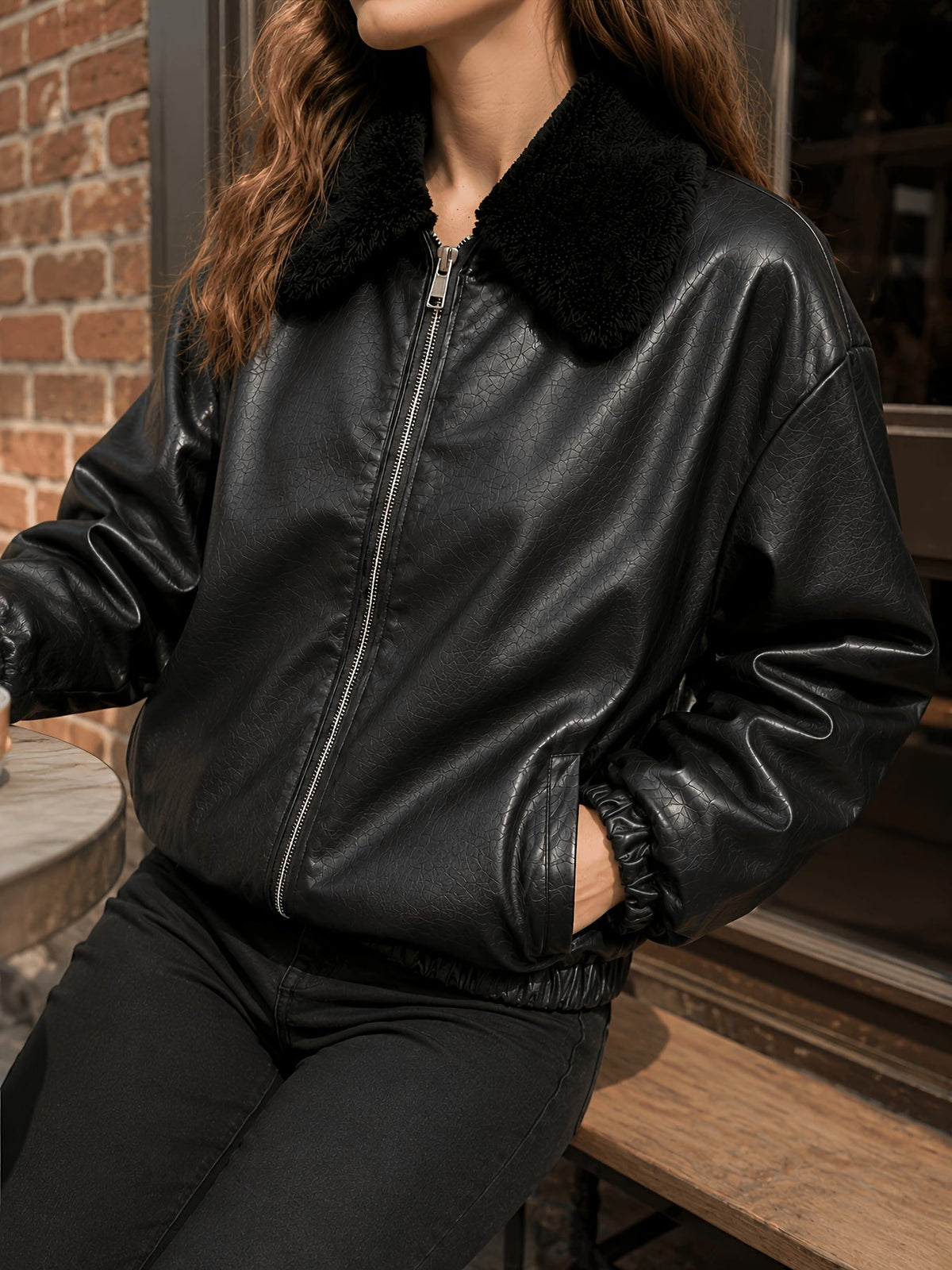 Blouson aspect cuir à col en fausse fourrure — Amielle Paris