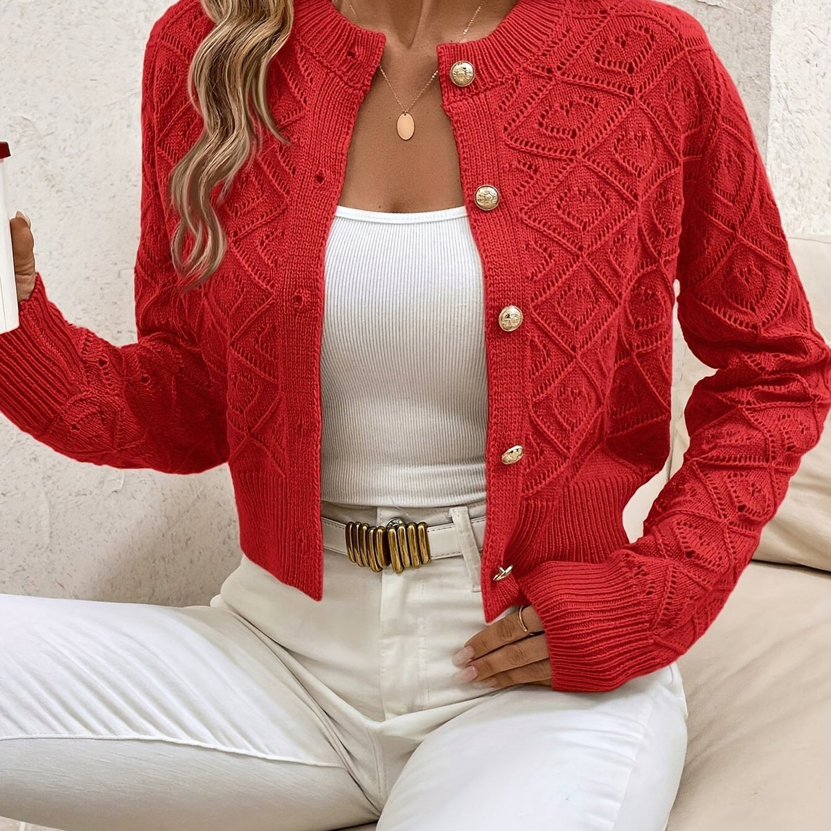 Camille | Gilet en maille à losanges et boutons — Amielle Paris