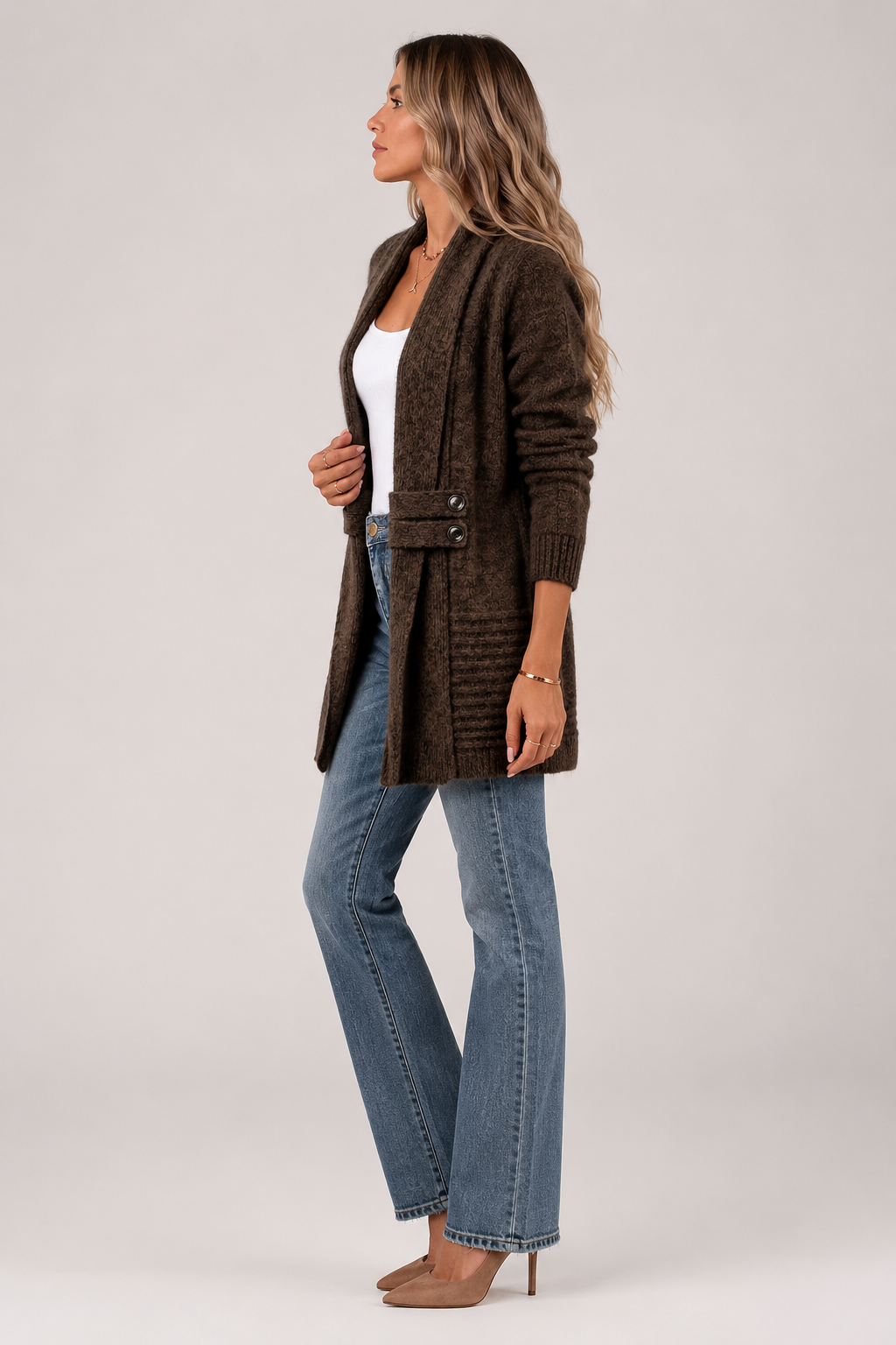Cardigan long ouvert à col châle — Amielle Paris