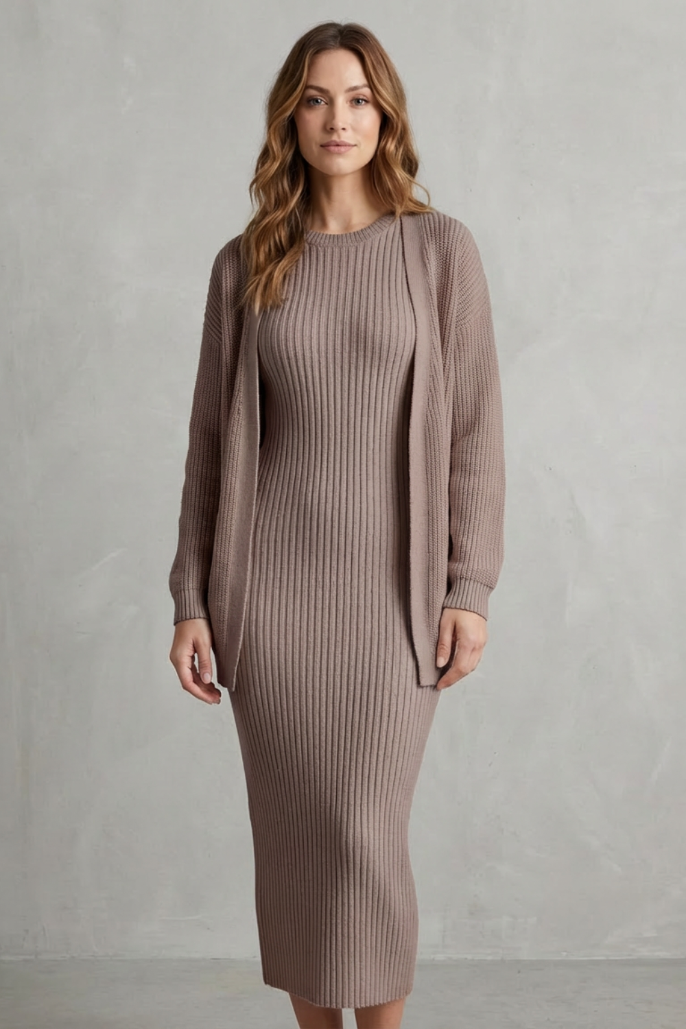 Ensemble robe pull et gilet en maille côtelée — Amielle Paris
