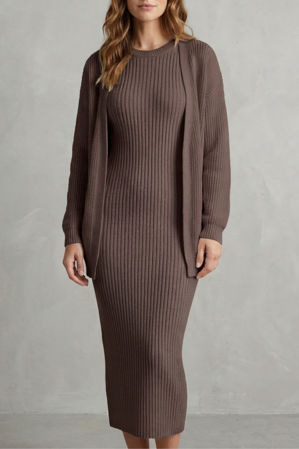 Ensemble robe pull et gilet en maille côtelée — Amielle Paris
