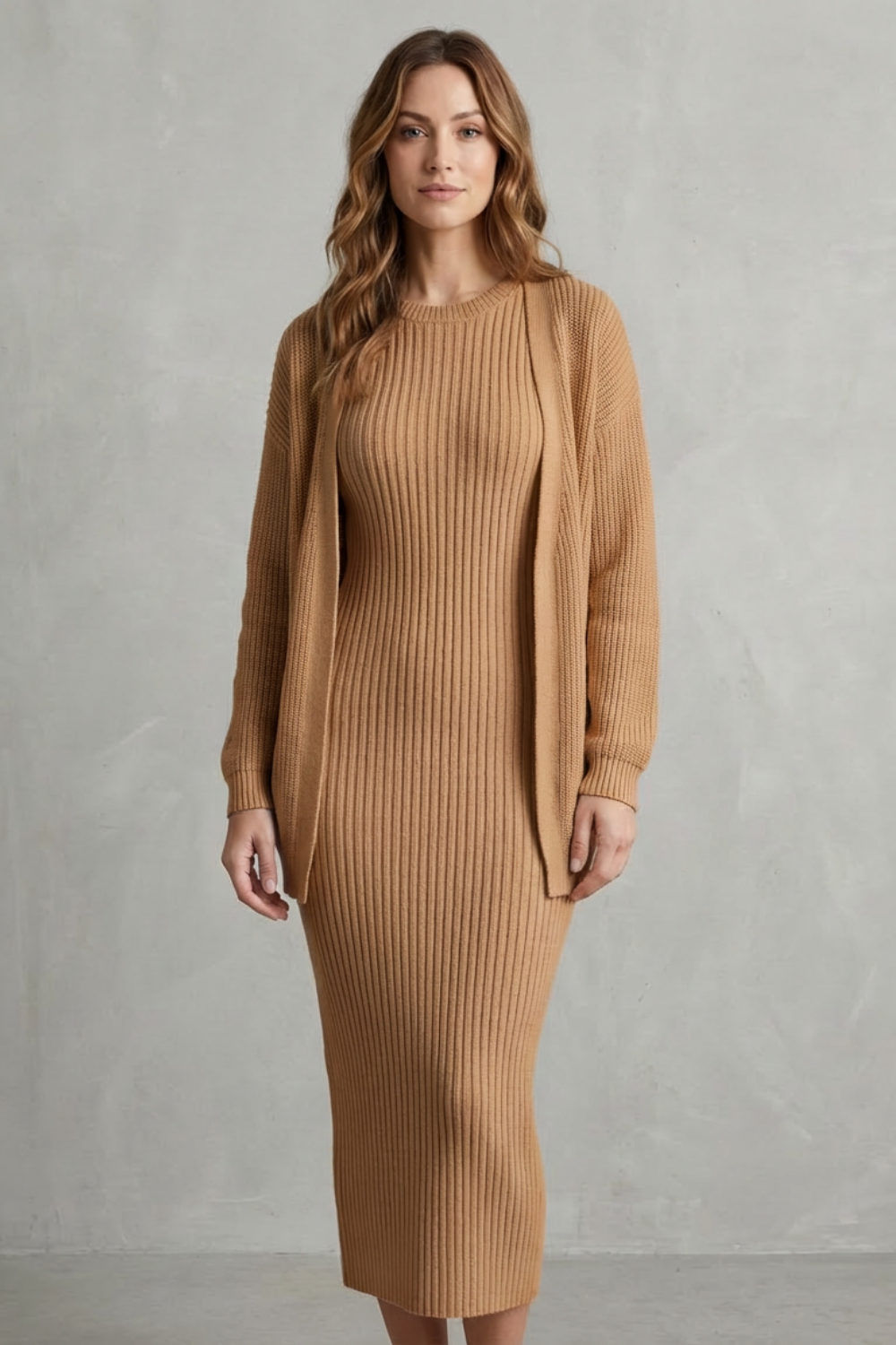 Ensemble robe pull et gilet en maille côtelée — Amielle Paris