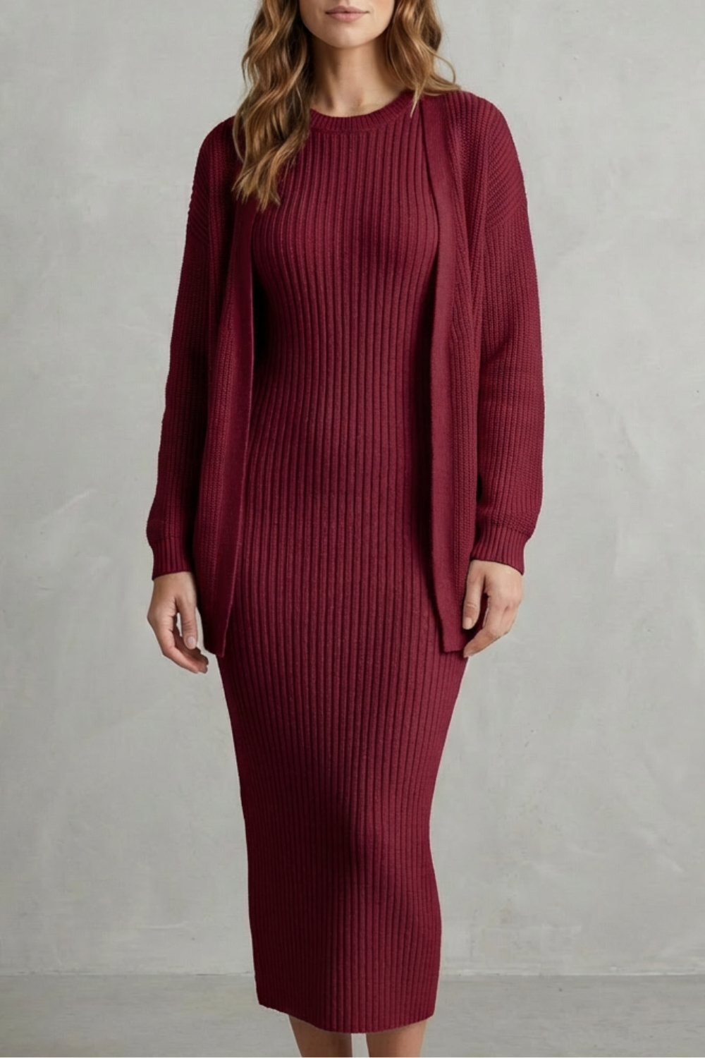 Ensemble robe pull et gilet en maille côtelée — Amielle Paris