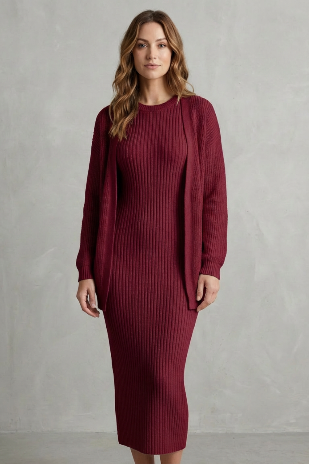 Ensemble robe pull et gilet en maille côtelée — Amielle Paris