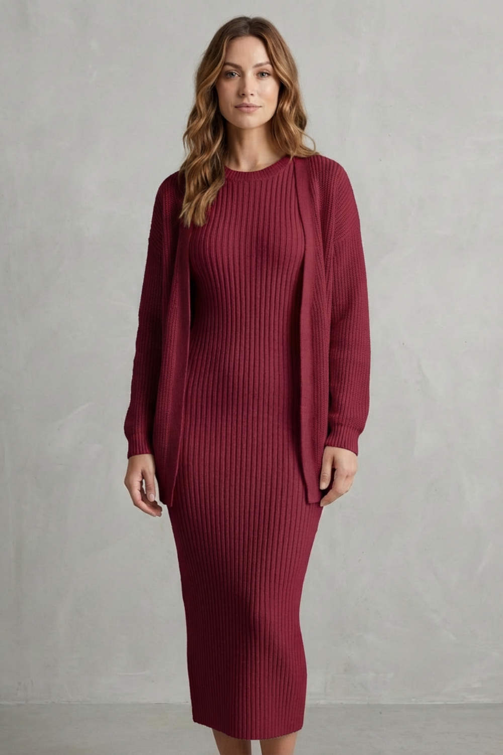 Ensemble robe pull et gilet en maille côtelée — Amielle Paris