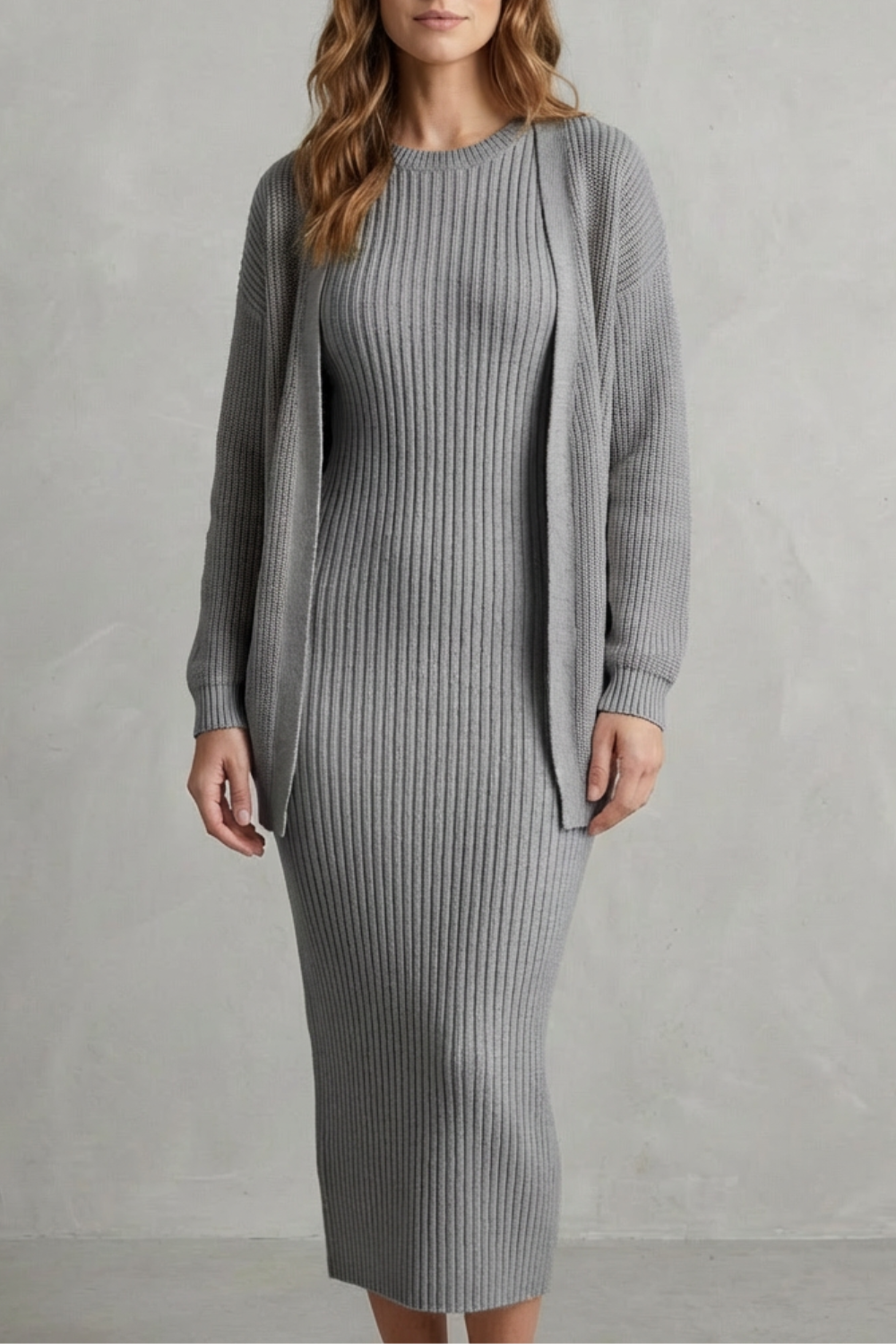 Ensemble robe pull et gilet en maille côtelée — Amielle Paris