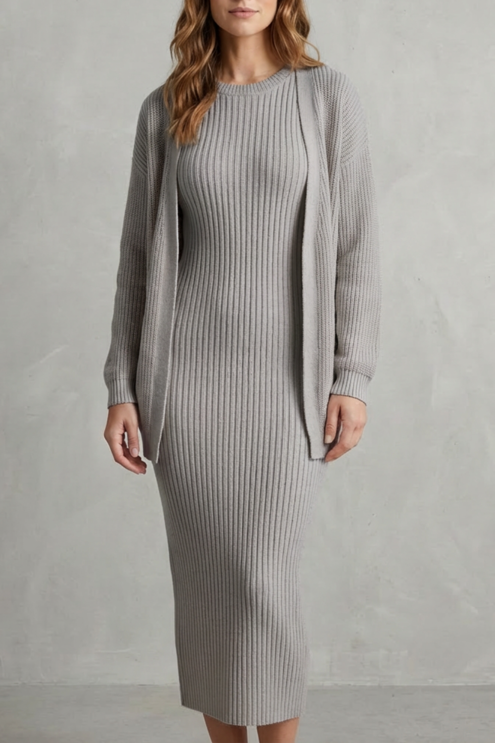 Ensemble robe pull et gilet en maille côtelée — Amielle Paris