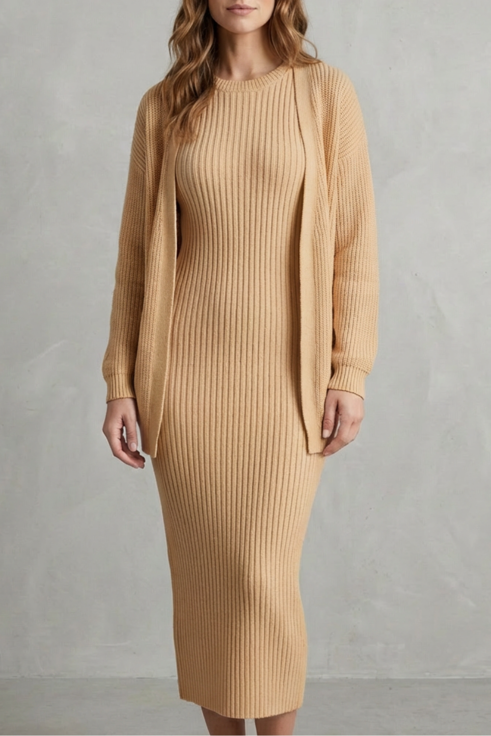 Ensemble robe pull et gilet en maille côtelée — Amielle Paris