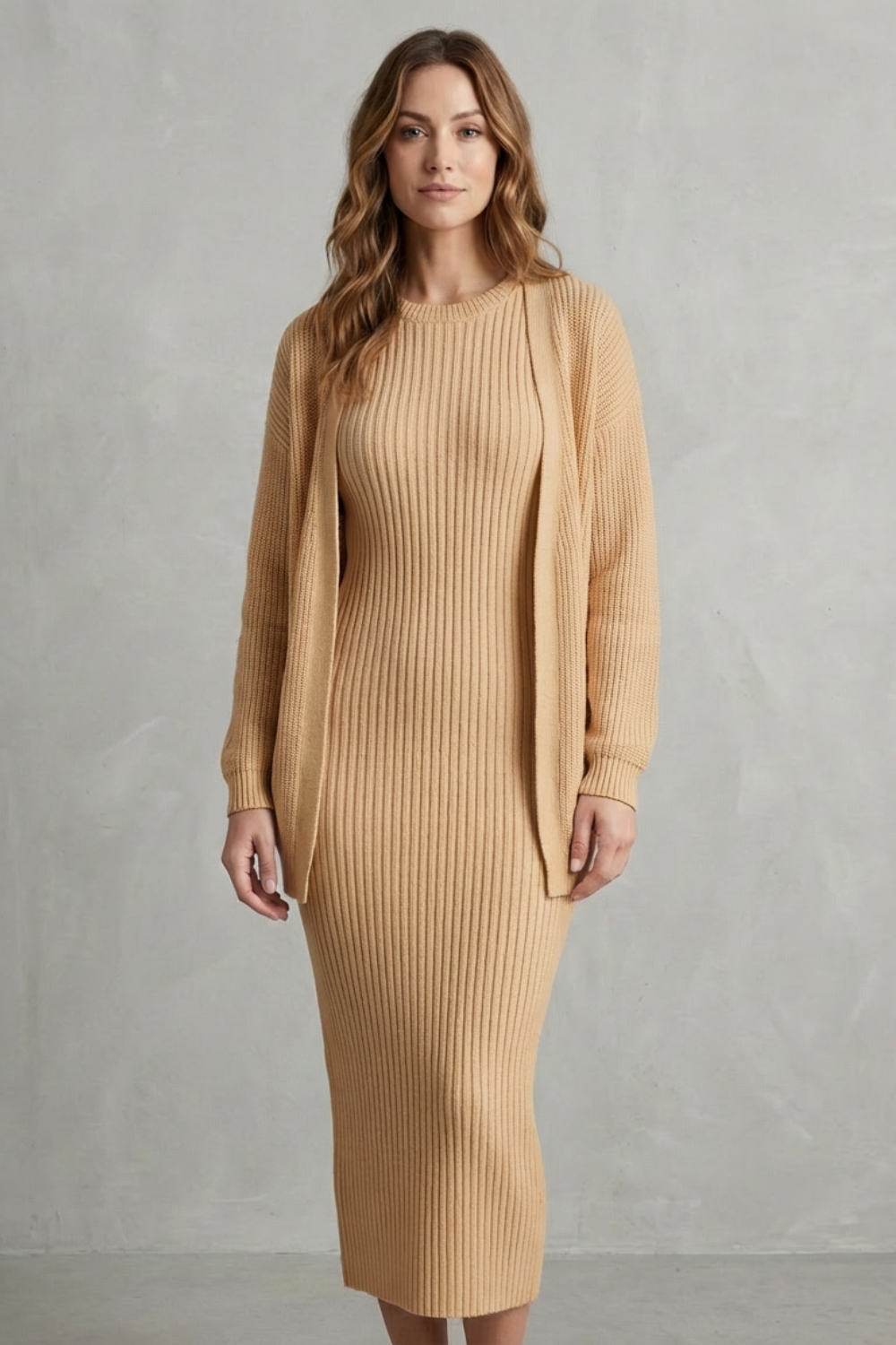 Ensemble robe pull et gilet en maille côtelée — Amielle Paris