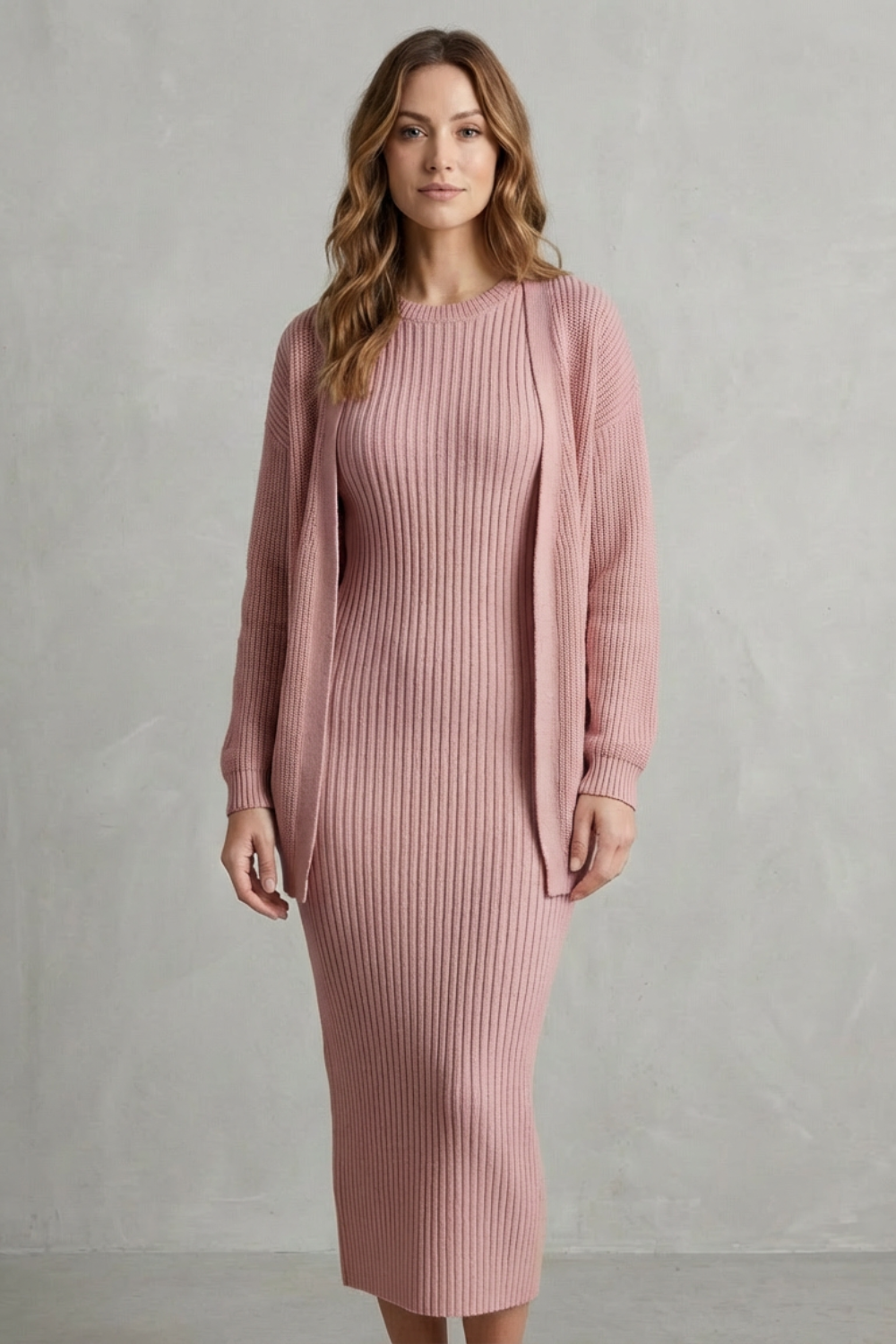 Ensemble robe pull et gilet en maille côtelée — Amielle Paris