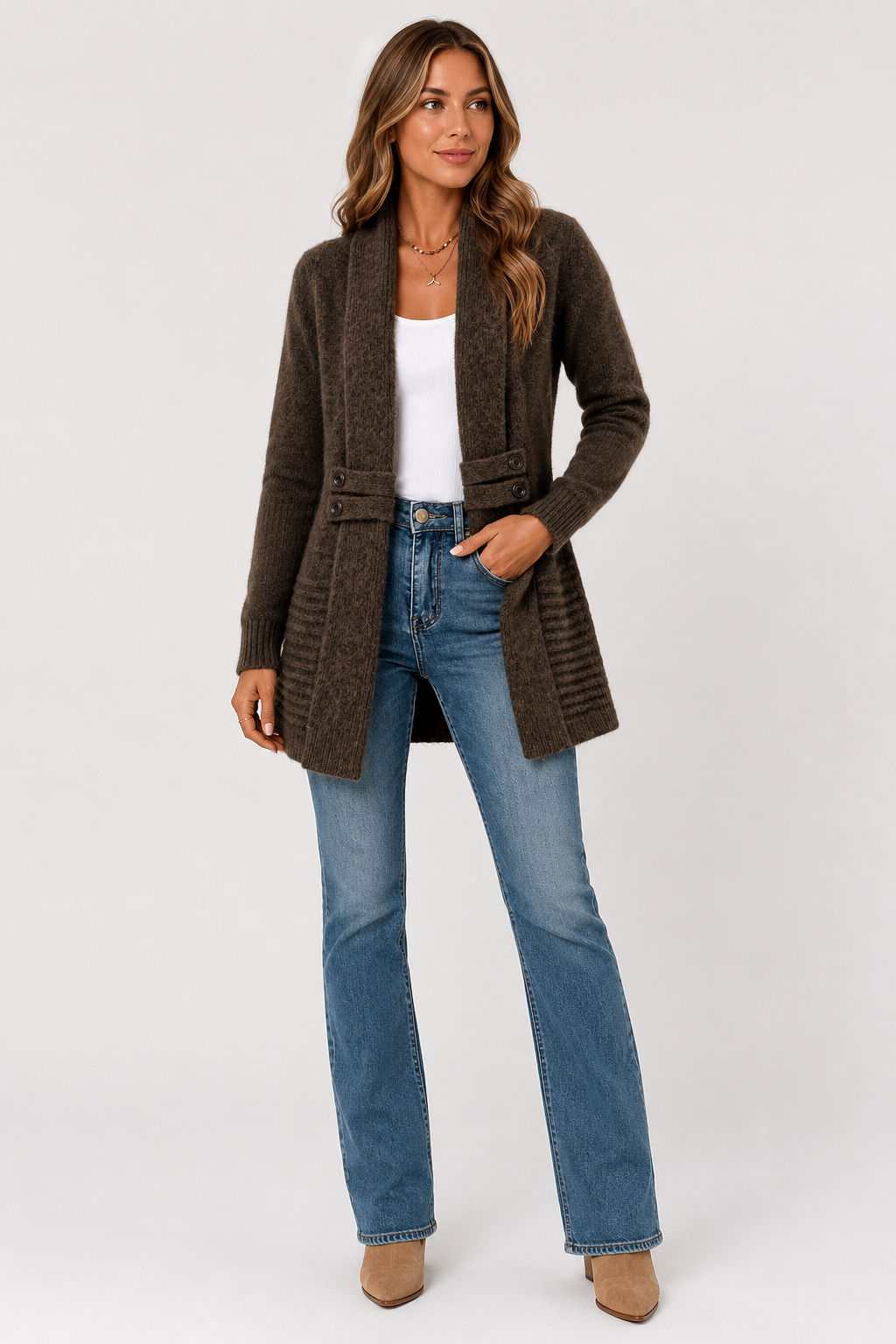 Cardigan long ouvert à col châle — Amielle Paris