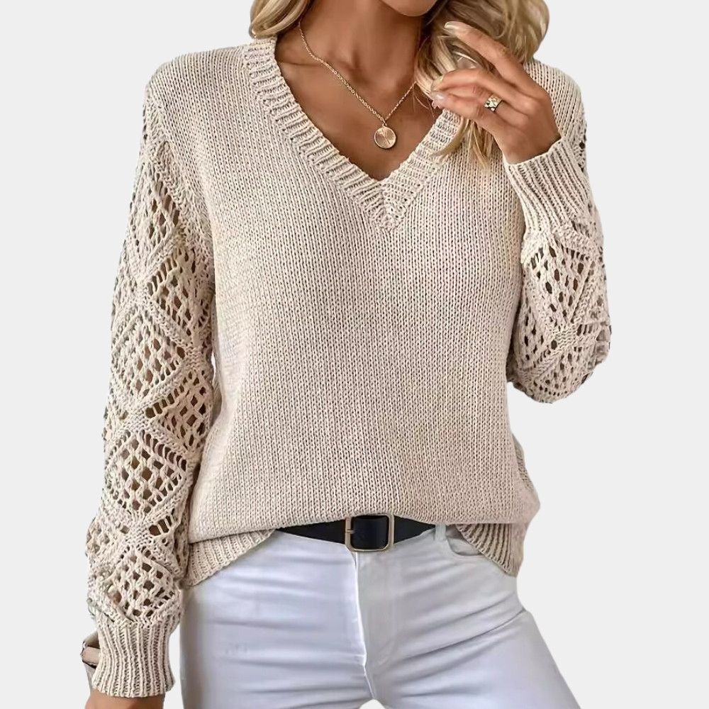 Marina — Pull à col V et manches effet dentelle — Amielle Paris