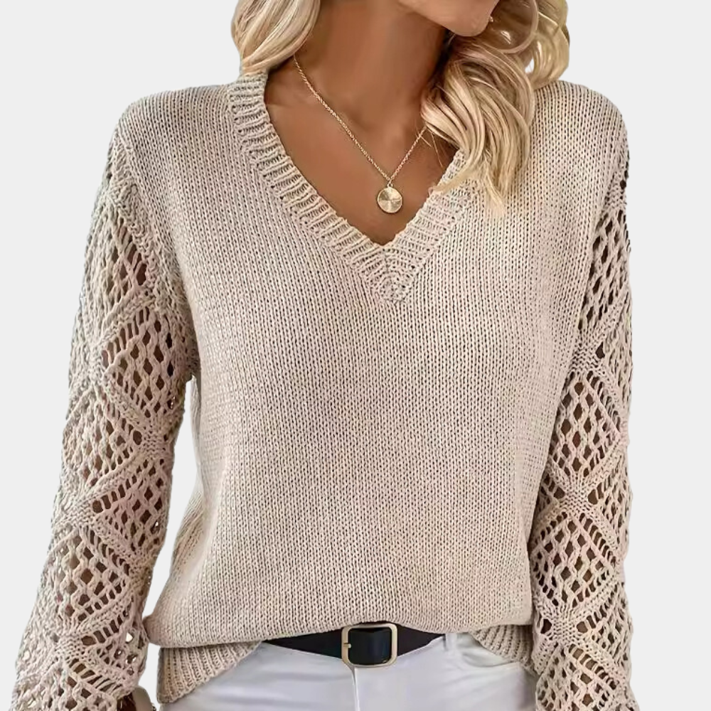 Marina — Pull à col V et manches effet dentelle — Amielle Paris