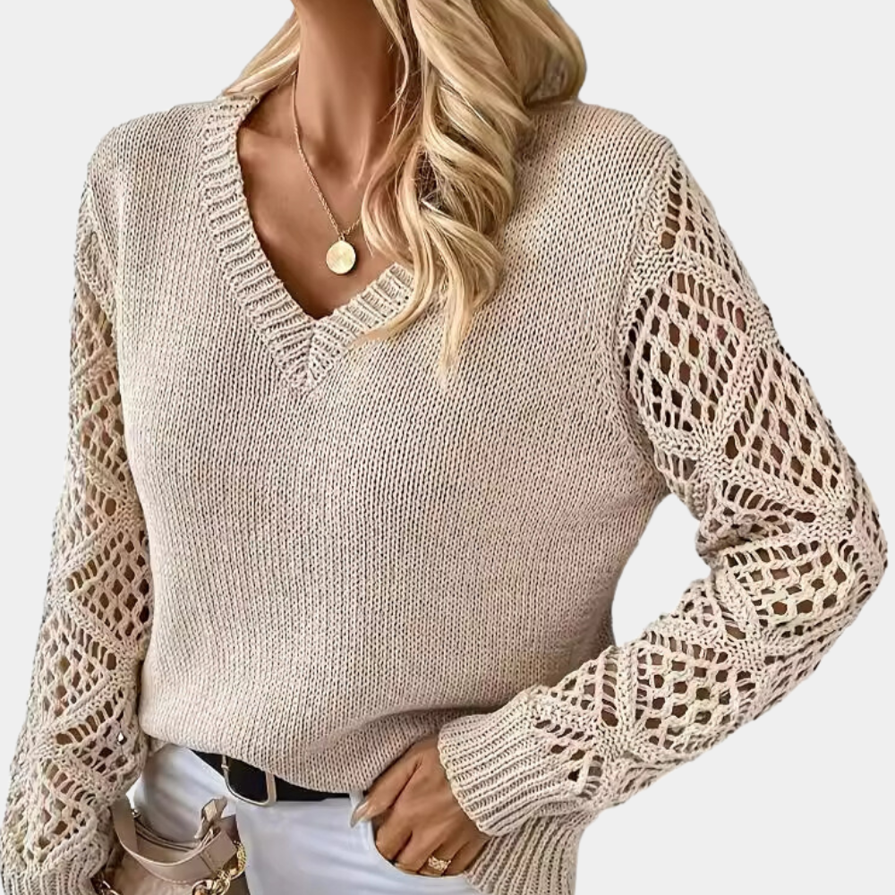 Marina — Pull à col V et manches effet dentelle — Amielle Paris