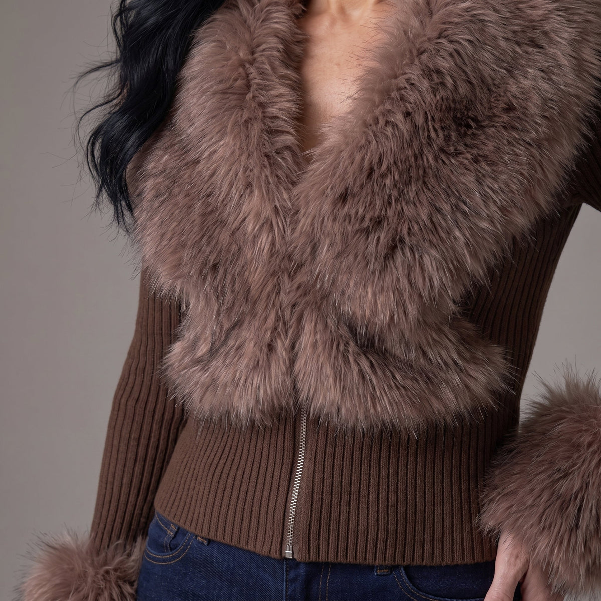 Cardigan zippé à col en fausse fourrure — vue 5