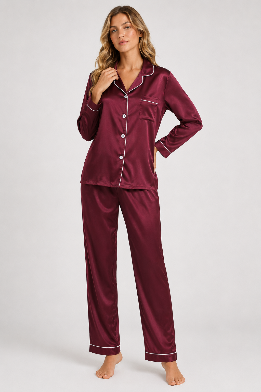 Pyjama satiné à passepoils — Delia — Amielle Paris
