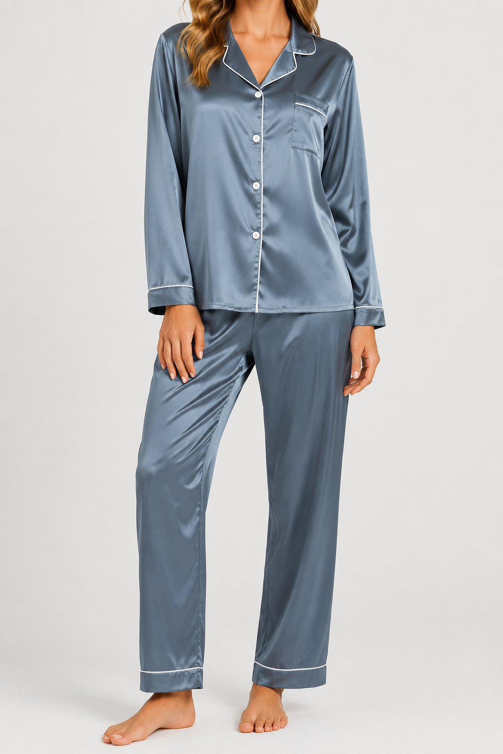 Pyjama satiné à passepoils — Delia — Amielle Paris