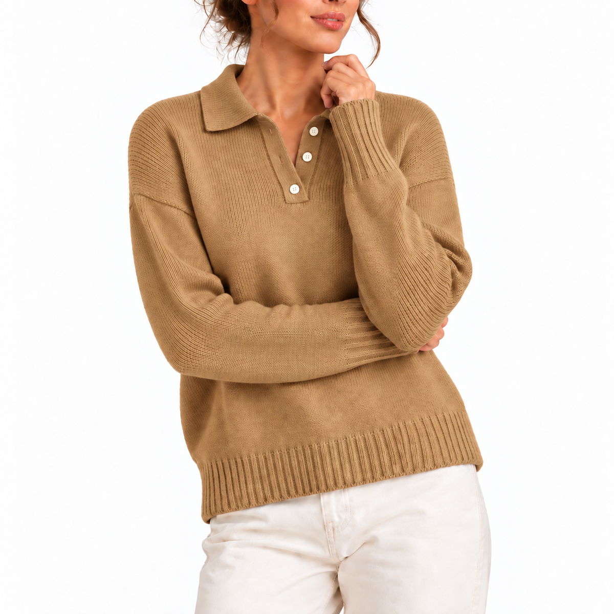 Pull en maille à col polo boutonné — Amielle Paris