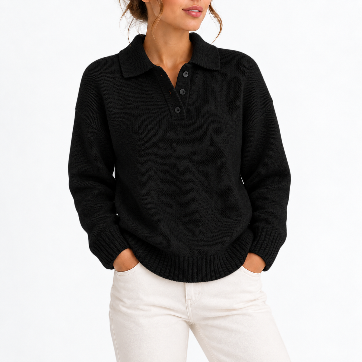 Pull en maille à col polo boutonné — Amielle Paris