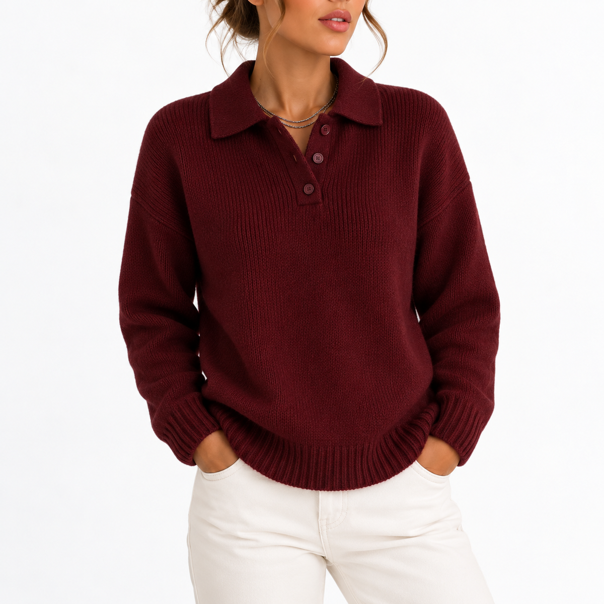 Pull en maille à col polo boutonné — Amielle Paris