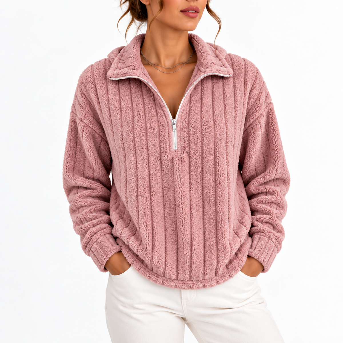 Sweat côtelé à col demi-zippé — Amielle Paris