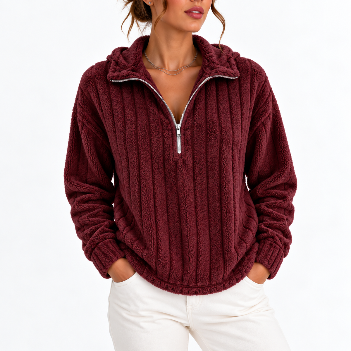 Sweat côtelé à col demi-zippé — Amielle Paris