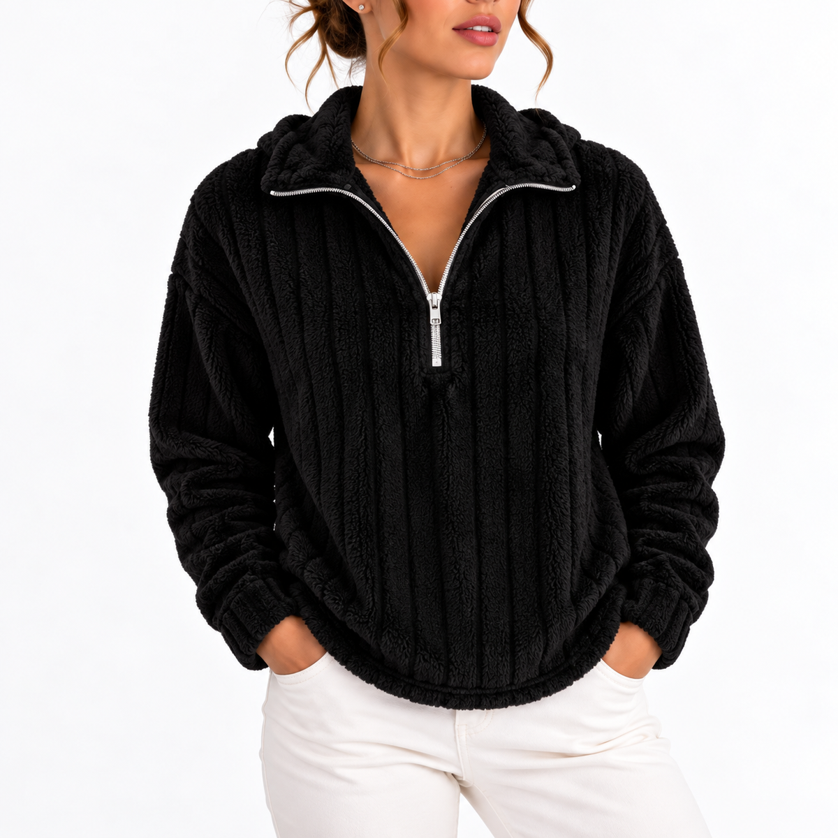 Sweat côtelé à col demi-zippé — Amielle Paris