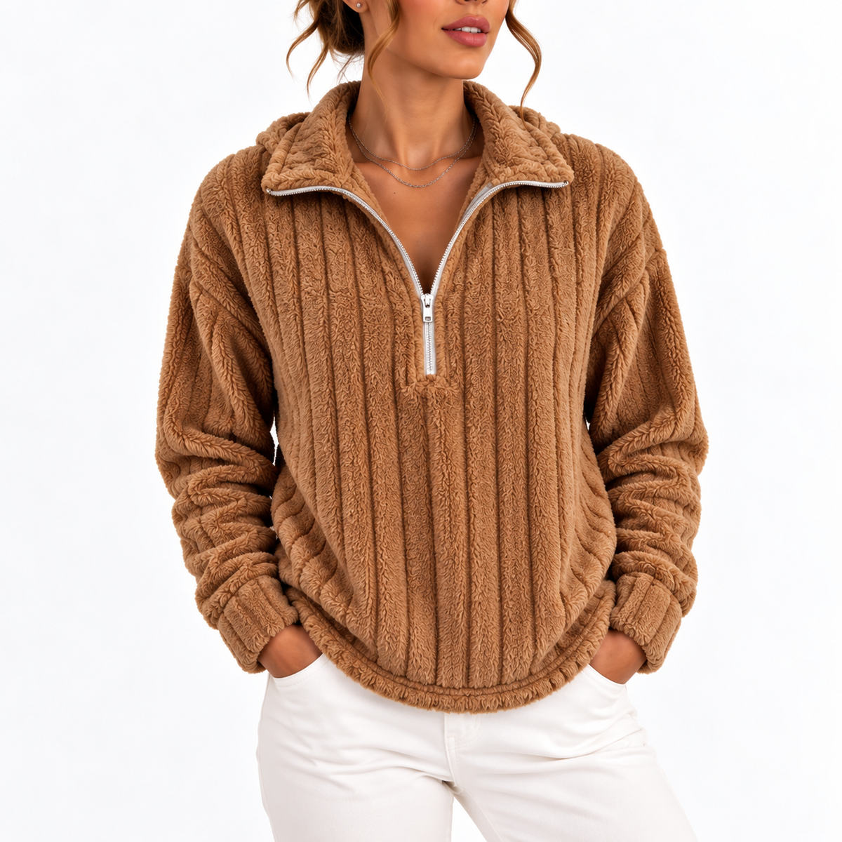 Sweat côtelé à col demi-zippé — Amielle Paris