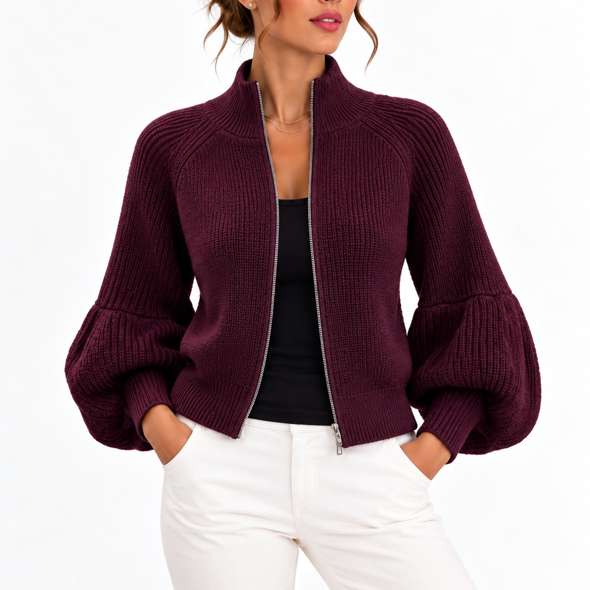 Cardigan court à col montant et manches bouffantes — Amielle Paris