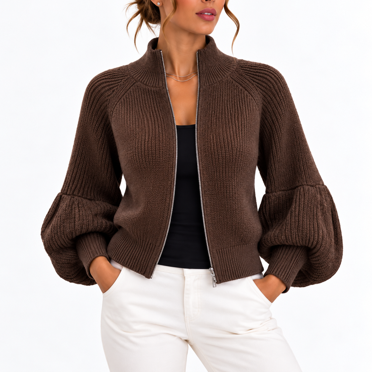 Cardigan court à col montant et manches bouffantes — Amielle Paris
