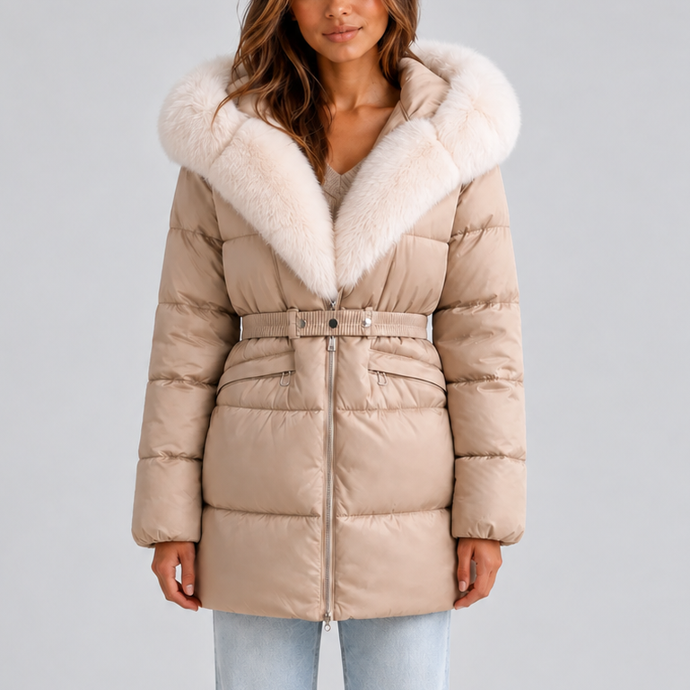 Doudoune longue ceinturée à capuche — Amielle Paris