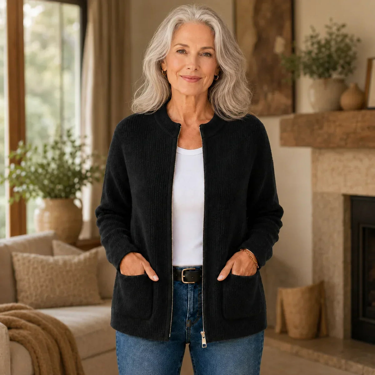 Uma — Cardigan ouvert à col rond et poches — Amielle Paris