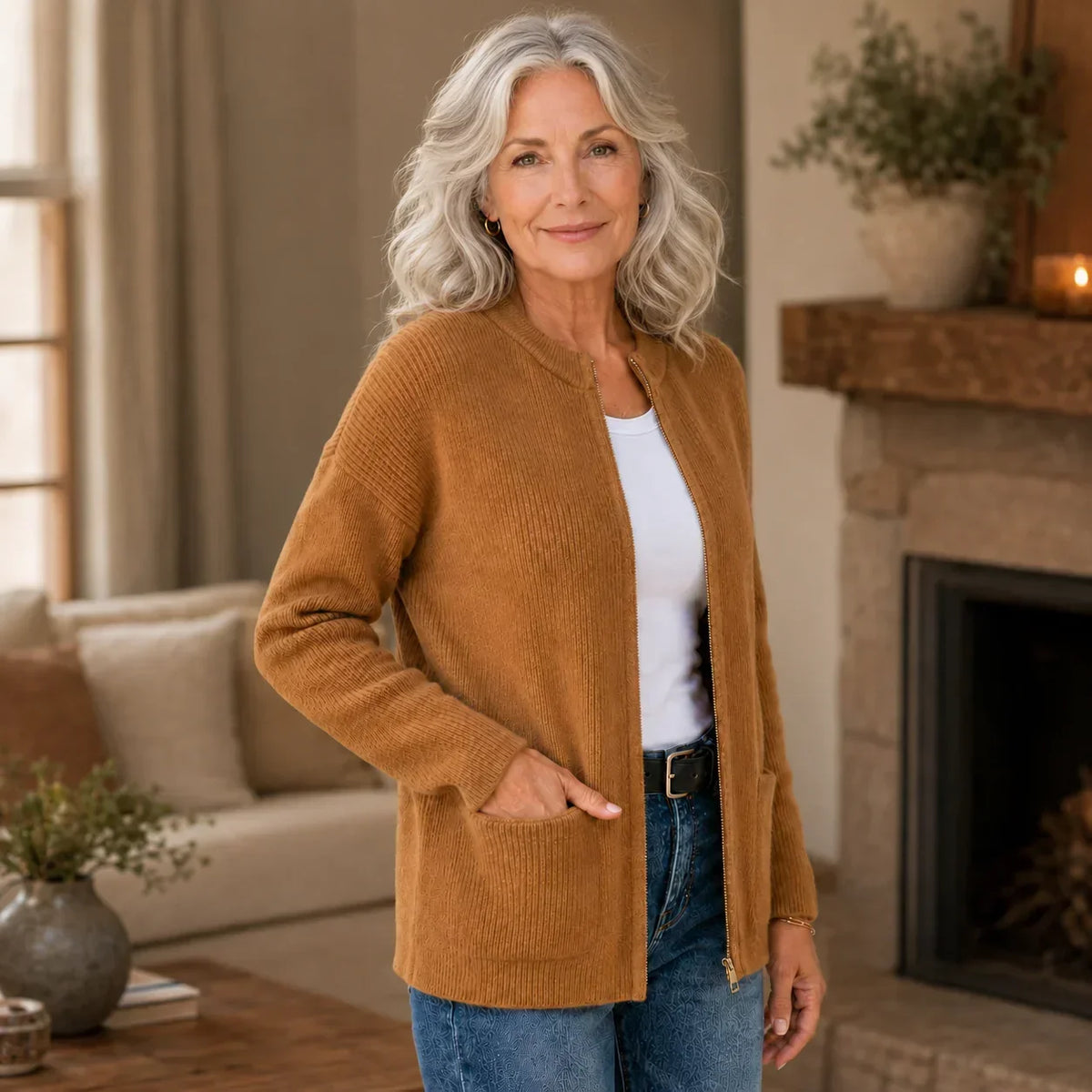 Uma — Cardigan ouvert à col rond et poches — Amielle Paris