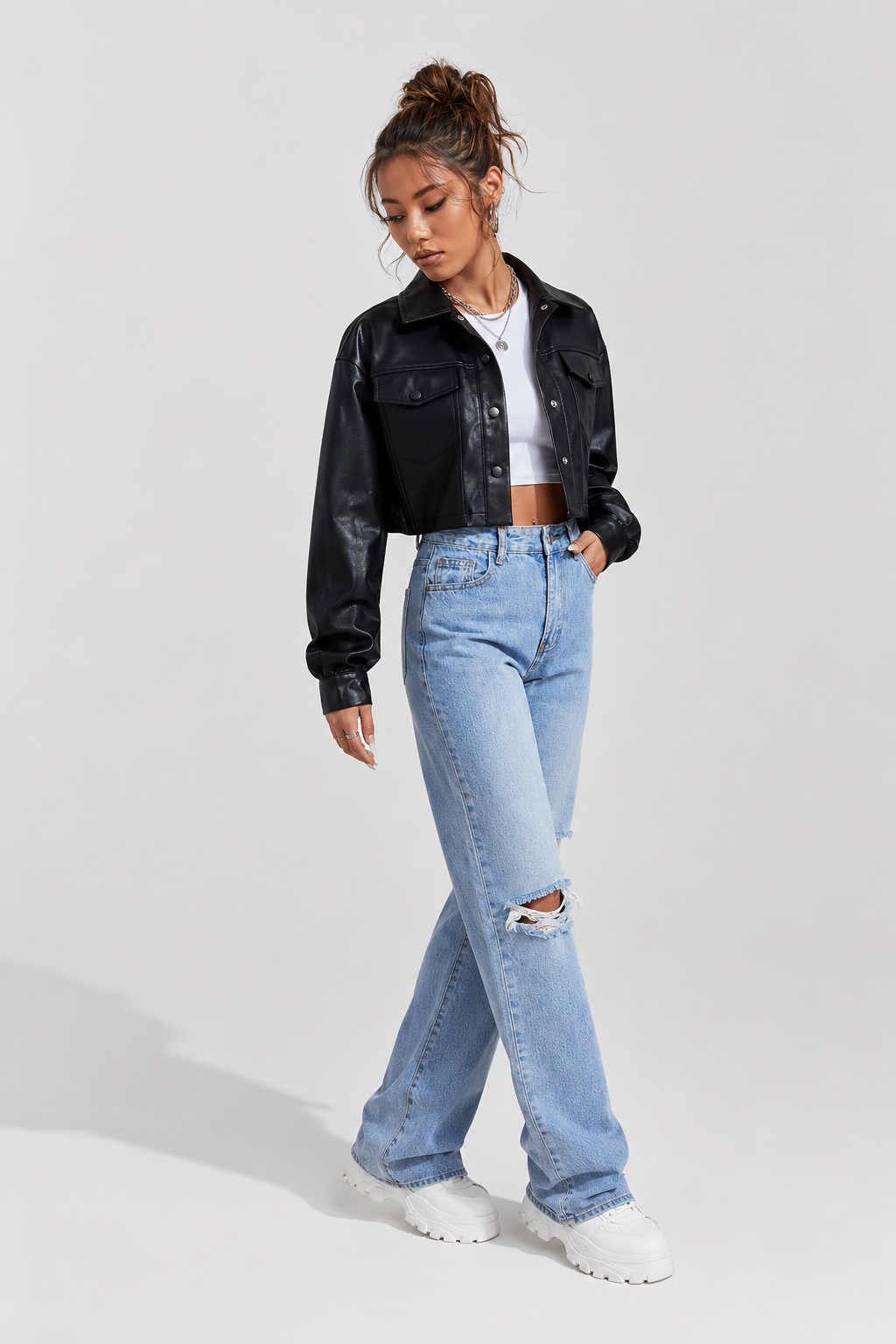 Maya — Veste courte effet cuir à boutons-pression — Amielle Paris