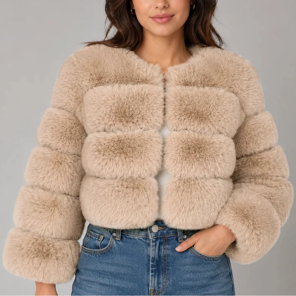 Veste courte effet fourrure à col rond — Amielle Paris