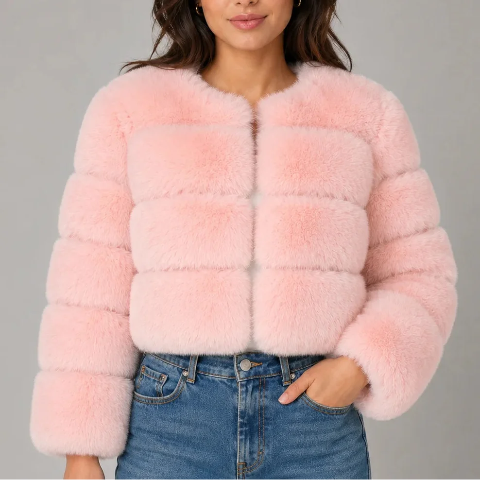 Veste courte effet fourrure à col rond — Amielle Paris
