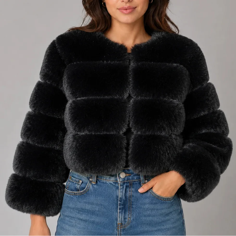 Veste courte effet fourrure à col rond — Amielle Paris