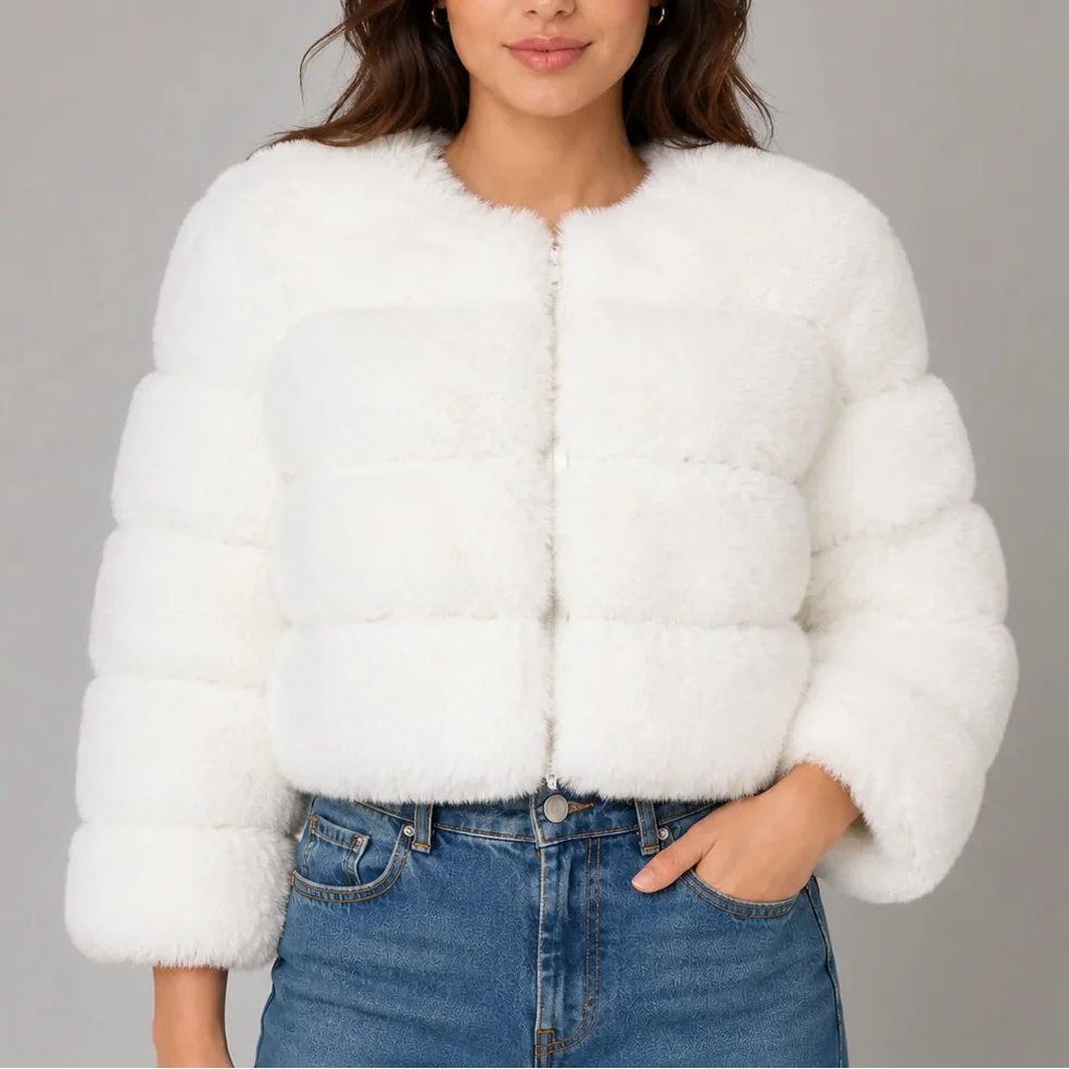 Veste courte effet fourrure à col rond — Amielle Paris
