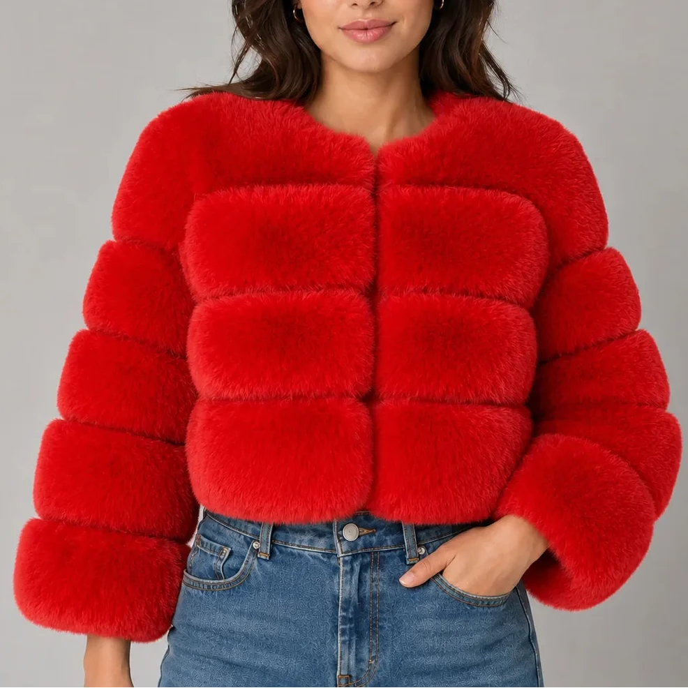 Veste courte effet fourrure à col rond — Amielle Paris