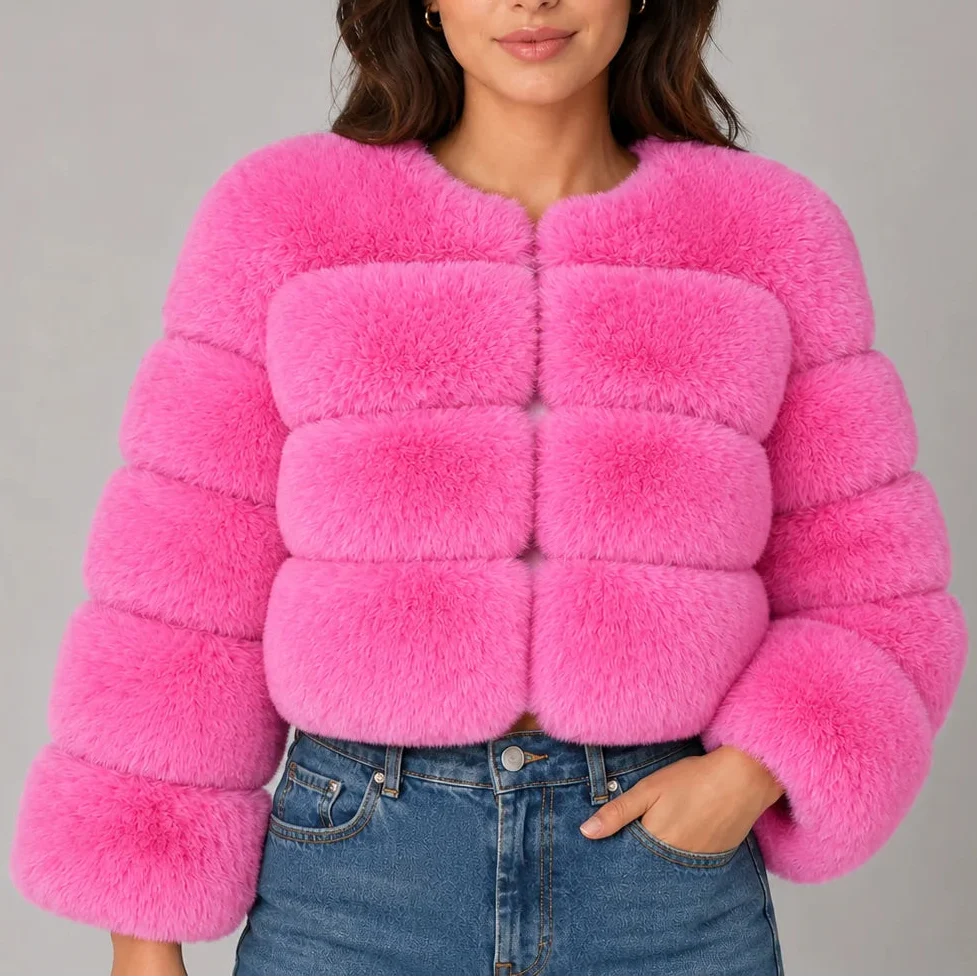 Veste courte effet fourrure à col rond — Amielle Paris
