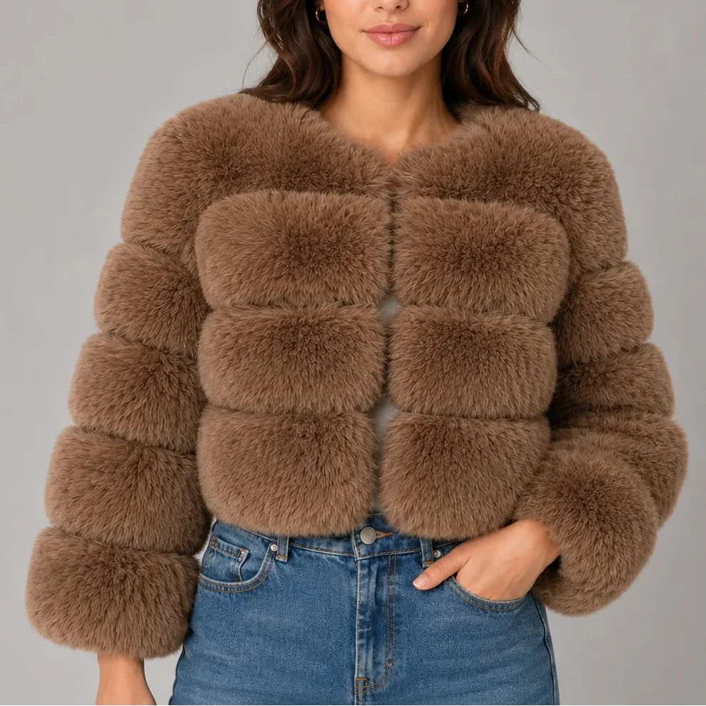 Veste courte effet fourrure à col rond — Amielle Paris