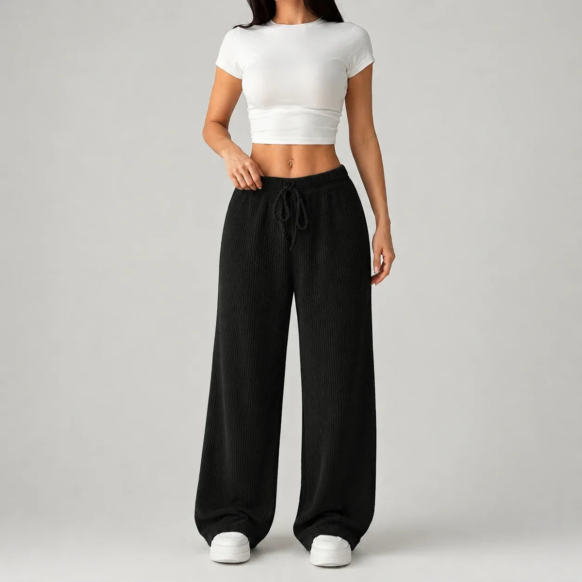 Pantalon large côtelé à taille haute et cordon — Amielle Paris