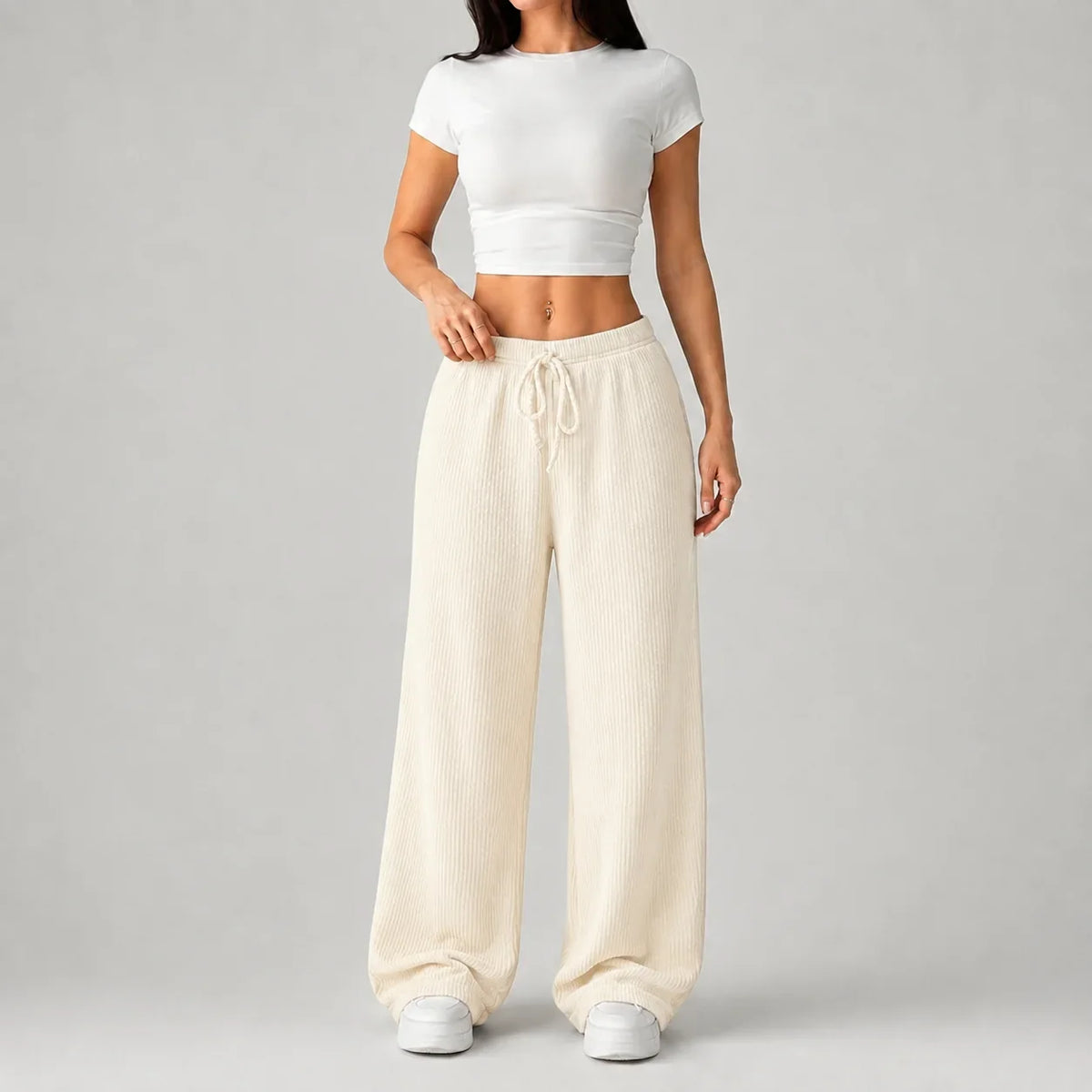 Pantalon large côtelé à taille haute et cordon — Amielle Paris