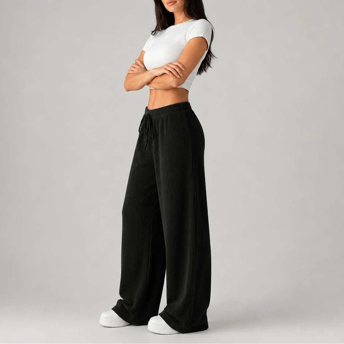 Pantalon large côtelé à taille haute et cordon — Amielle Paris