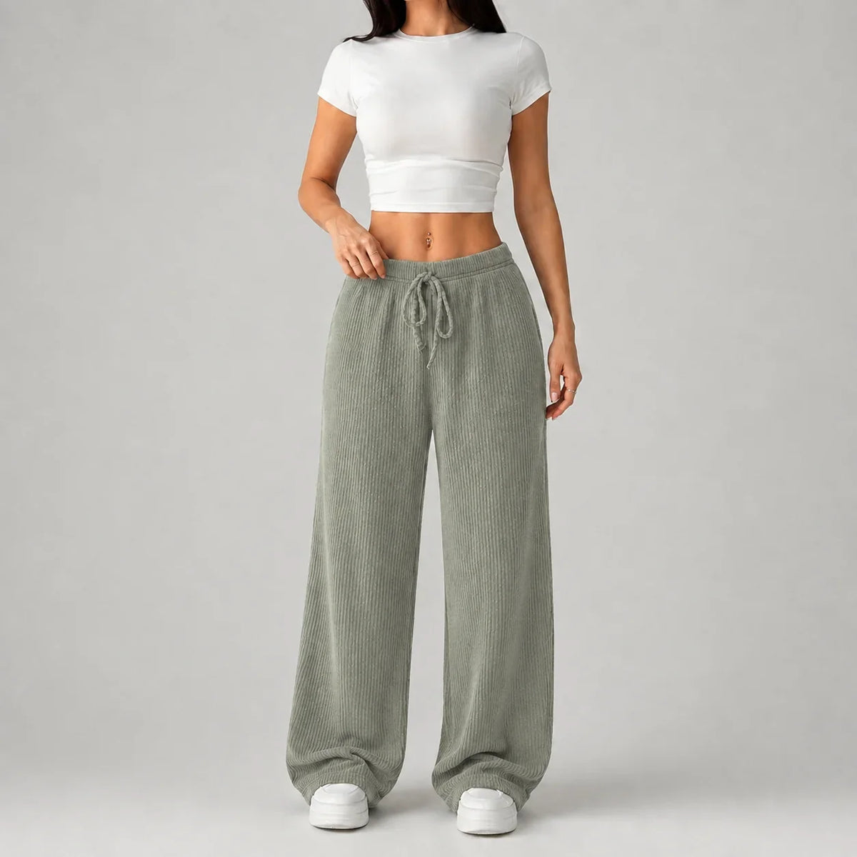 Pantalon large côtelé à taille haute et cordon — Amielle Paris